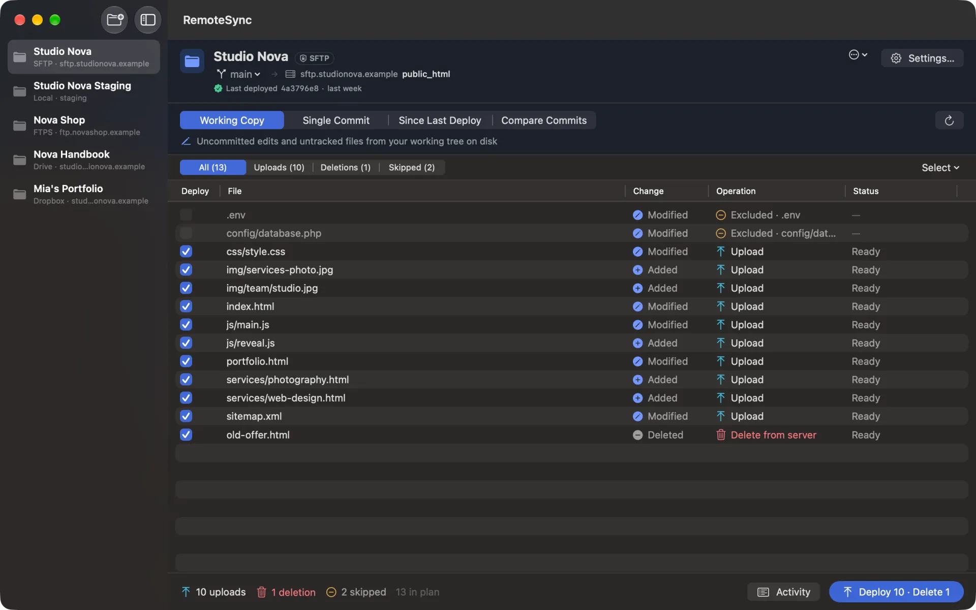 The RemoteSync main window in dark mode, with the same Studio Nova plan