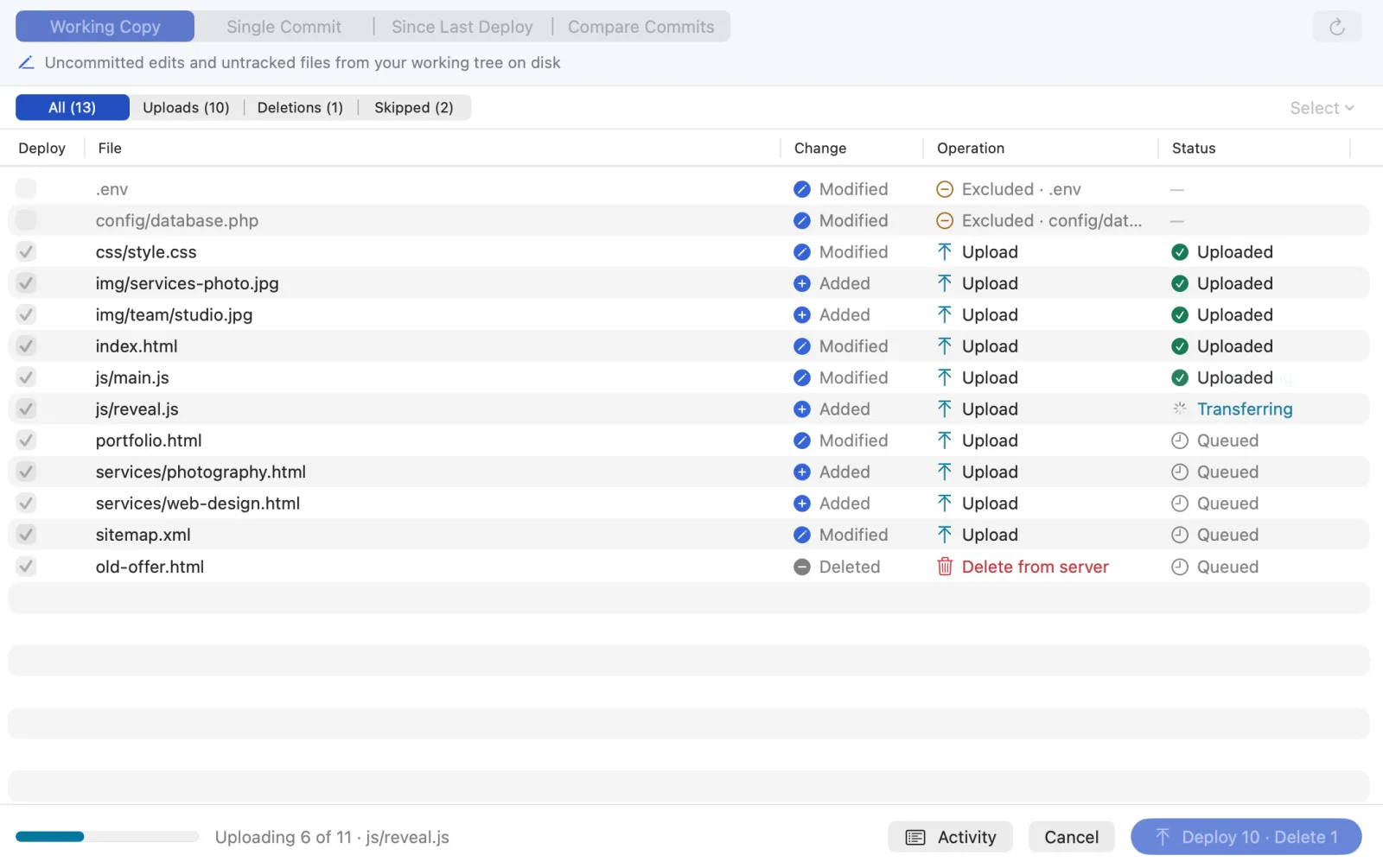 A deploy in progress: five files uploaded, js/reveal.js transferring, the rest queued; the footer reads Uploading 6 of 11