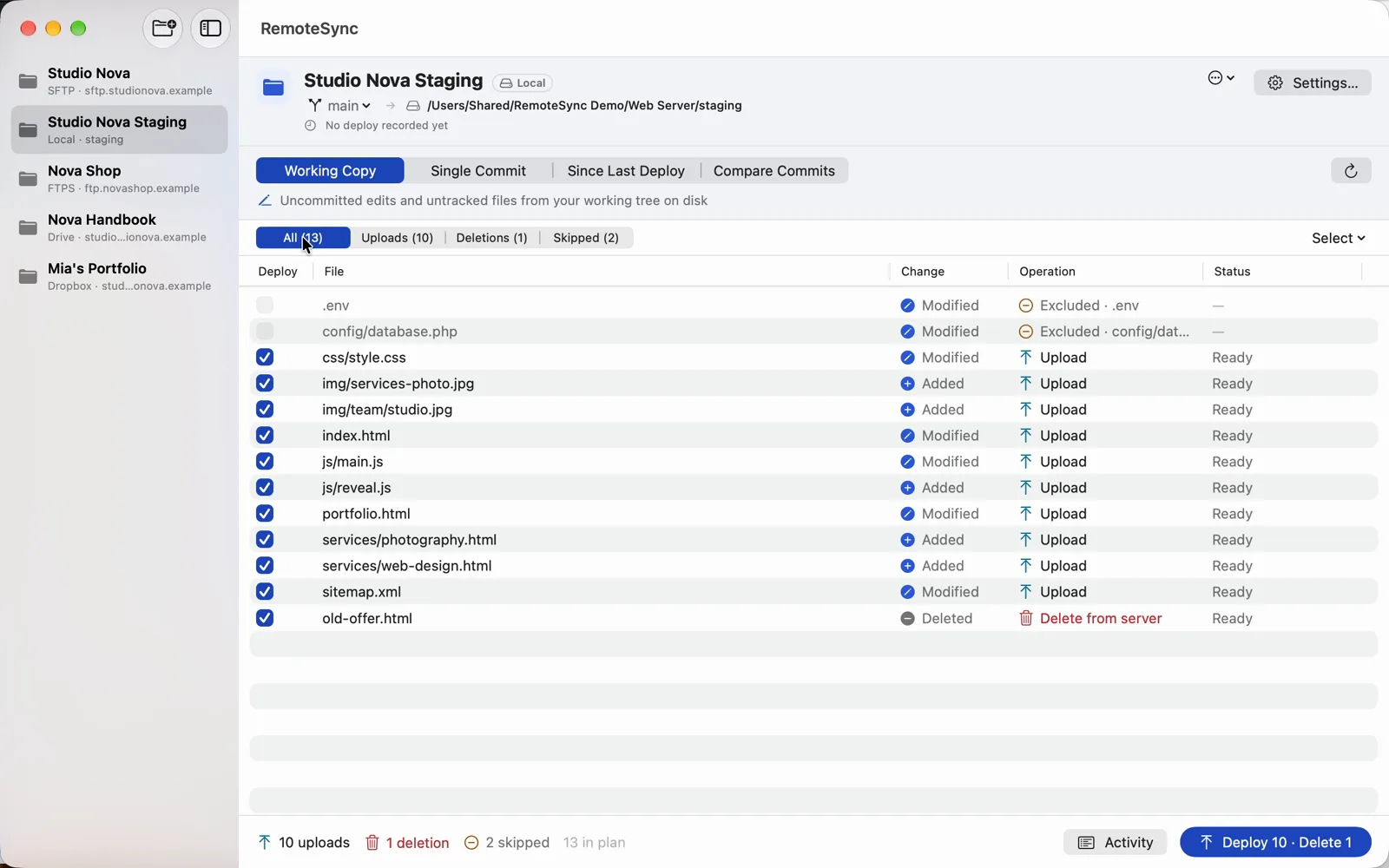 Recording: the plan is filtered to uploads and deletions, Deploy asks to confirm one delete, ten files upload one by one, Deployment Complete